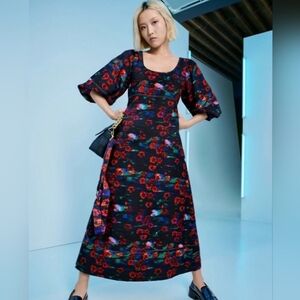 Rachel Comey Floral Elbow Sleeve Maxi Dress - Black and Red Size 12
